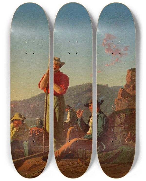 Triptych art skateboard deck of George Caleb Bingham The Woodboat by George Caleb Bingham (1811-1879)
