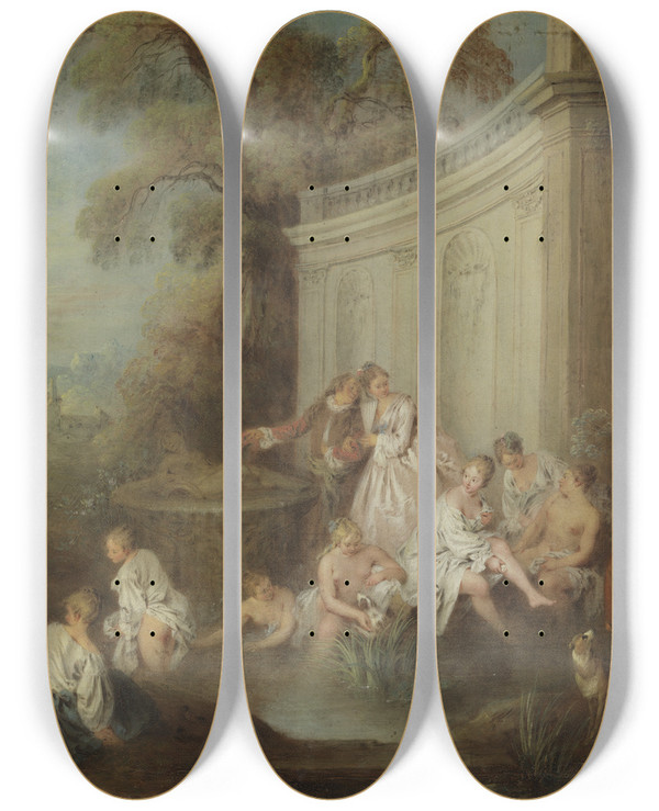 Triptych art skateboard deck of Jeanbaptiste Pater Bathing Company In A Park by Jean-Baptiste Pater (1695-1736)