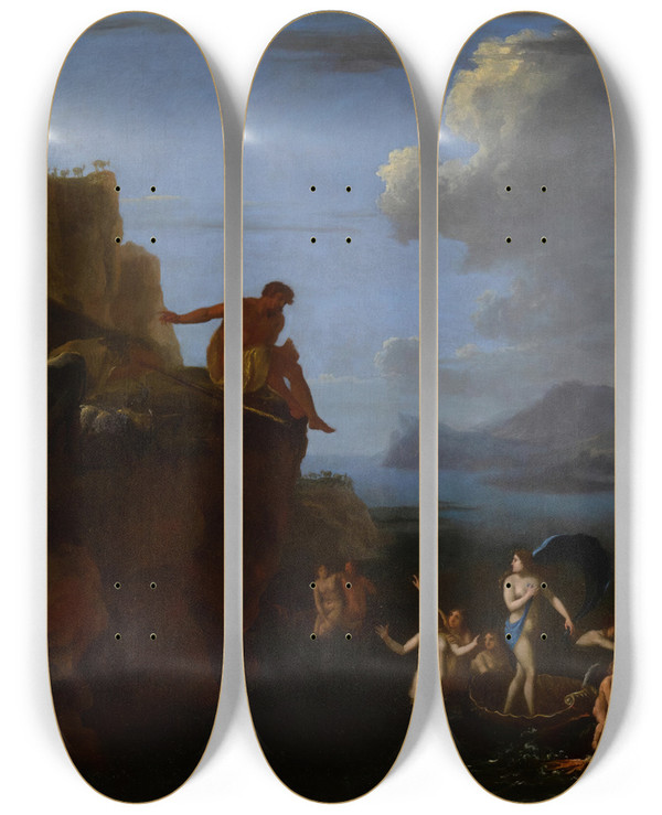 Triptych art skateboard deck of Herman Van Swanevelt Polyphemusandgalatea by Herman Van Swanevelt (1600-1655)