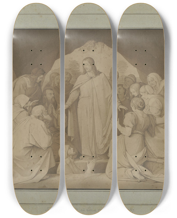 Triptych art skateboard deck of Johann Friedrich Overbeck Resurrection Of Lazarus by Johann Friedrich Overbeck (1789-1869)