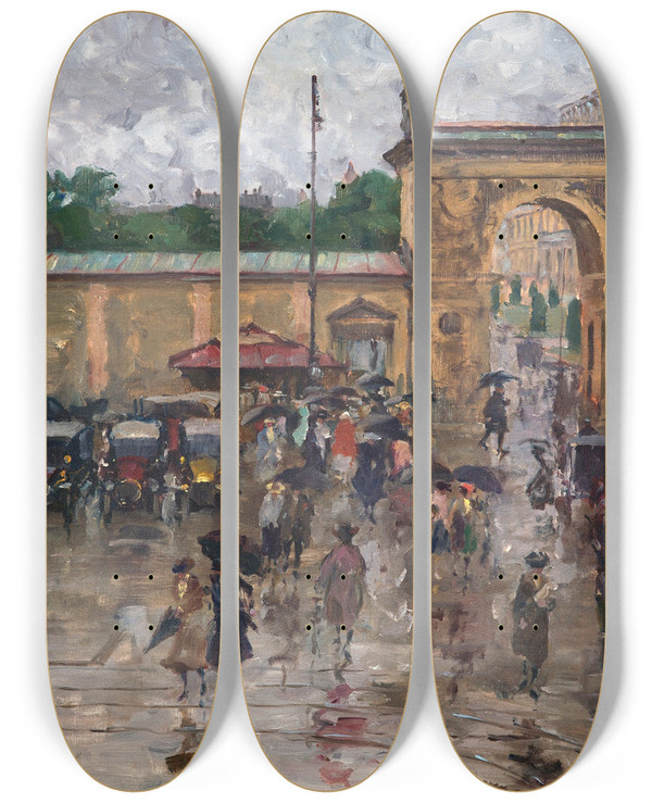 Triptych art skateboard deck of Charles Vetter Mnchen Odeonsplatz Im Regen by Charles Vetter (1858-1936)