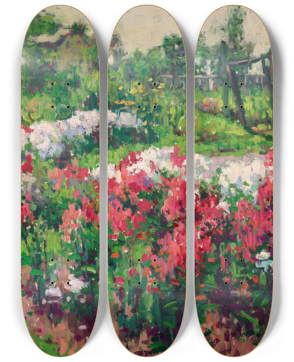 Triptych art skateboard deck of Hugh Henry Breckenridge The Open Garden by Hugh Henry Breckenridge (1870-1937)