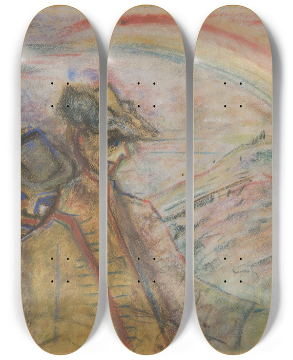 Triptych art skateboard deck of Arnold Peter Weiszkubnan Two Men In A Landscape by Arnold Peter Weisz-Kubnan (1898-1944)