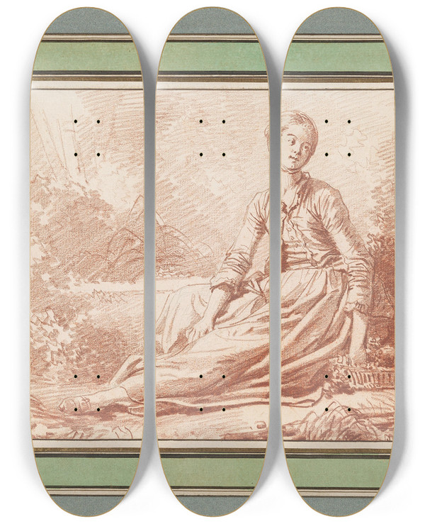 Triptych art skateboard deck of Jeanhonor Fragonard A Young Woman Seated On The Ground by Jean-Honor Fragonard (1732-1806)