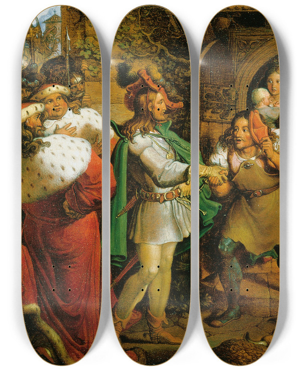 Triptych art skateboard deck of Karl Russ Kaiser Maximilian Besucht Die Handwerker by Karl Russ (1779-1843)