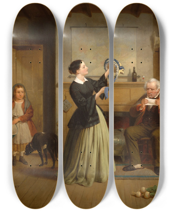 Triptych art skateboard deck of Francis William Edmonds The New Bonnet by Francis William Edmonds (1806-1863)