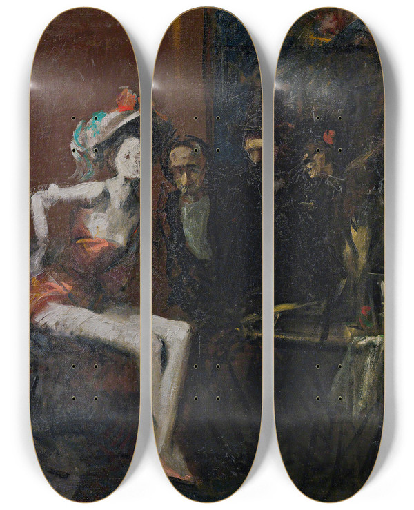Triptych art skateboard deck of Jeanlouis Forain Au Caf_1 by Jean Louis Forain (1852-1931)