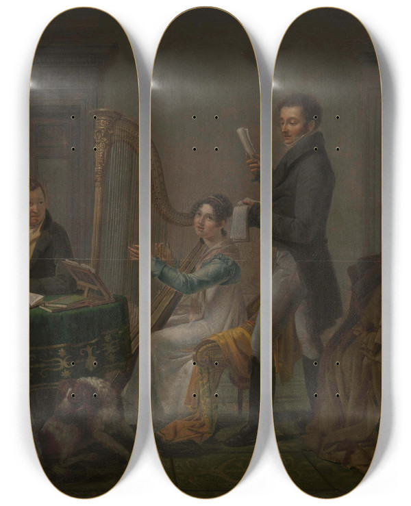 Triptych art skateboard deck of Jozef Geirnaert Harp Lesson by Jozef Geirnaert