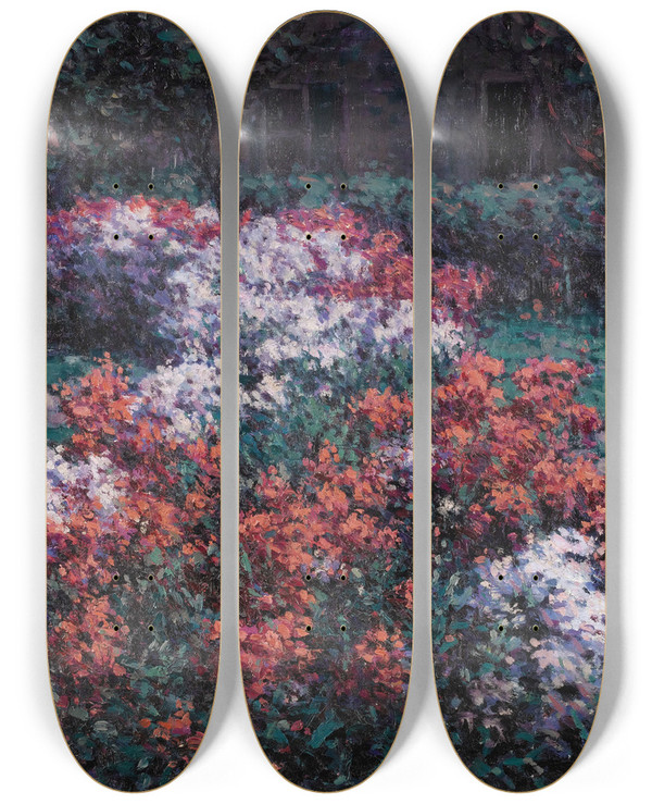 Triptych art skateboard deck of Hugh Henry Breckenridge The Phlox Garden by Hugh Henry Breckenridge (1870-1937)