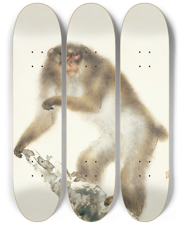 Triptych art skateboard deck of Hashimoto Kansetsu Old Monkey With Cherry In Autumn by Hashimoto Kansetsu (1883-1945)