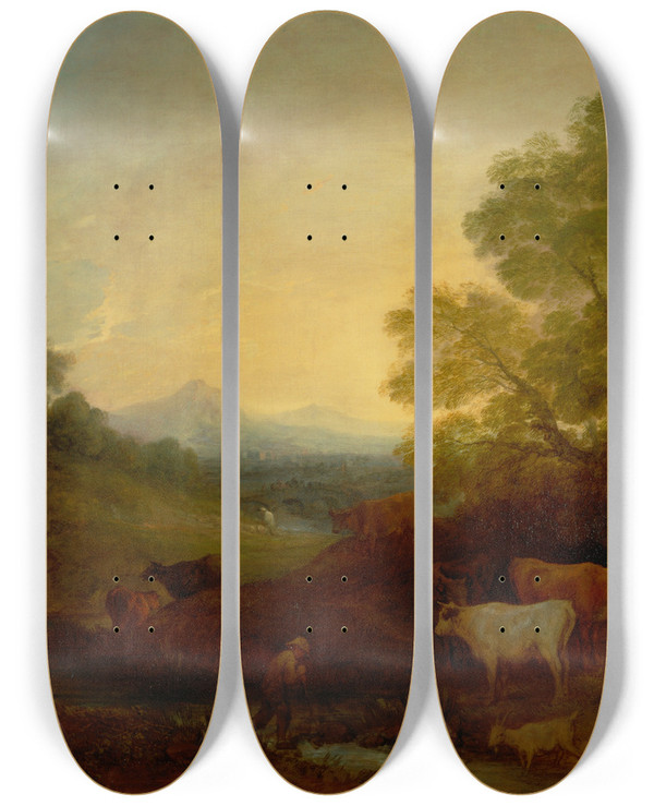 Triptych art skateboard deck of Thomas Gainsborough Landscape With Cattle_1 by Thomas Gainsborough (1727-1788)