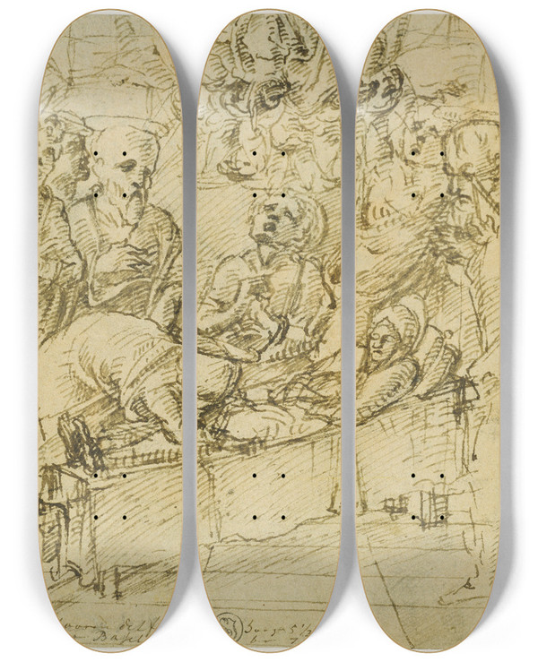 Triptych art skateboard deck of Marco Zoppo The Death Of The Virgin by Marco Zoppo (1433-1478)
