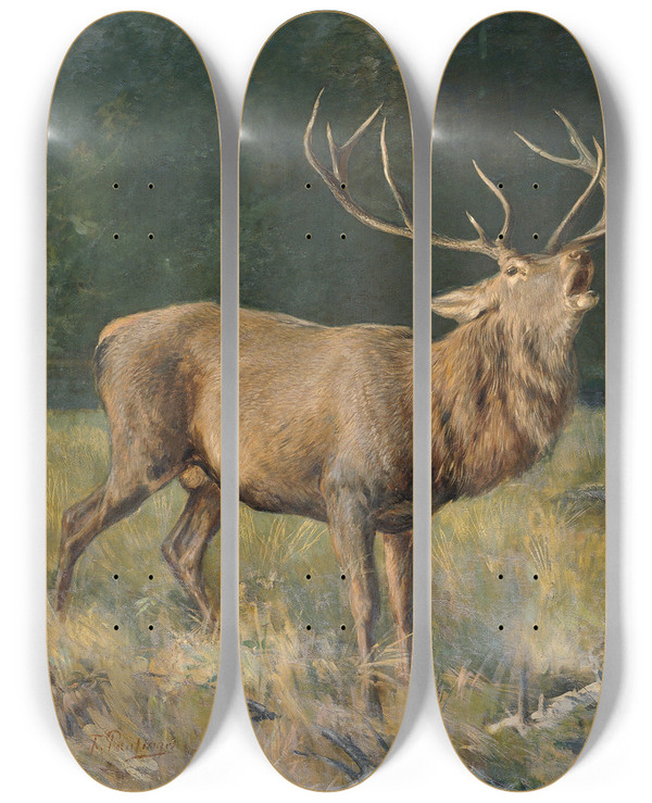 Triptych art skateboard deck of Franz Xaver Von Pausinger Brunfthirsch by Franz Xaver von Pausinger (1839-1915)