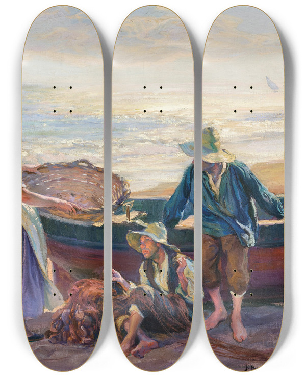 Triptych art skateboard deck of Jos Mongrell Mending The Nets by Jose Mongrell (1870-1937)
