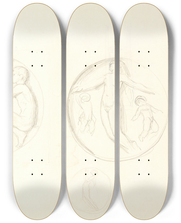 Triptych art skateboard deck of Svend Rathsack Udkast Til Relieffer by Svend Rathsack (1885-1941)