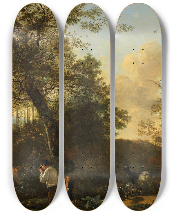 Triptych art skateboard deck of Adam Pynacker Shepherds And Cattle In A Pasture by Adam Pynacker (1615-1673)