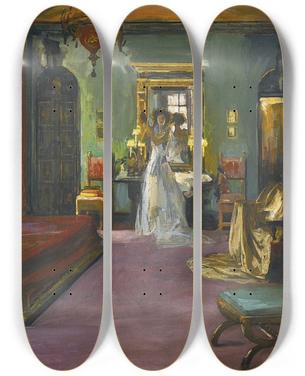 Triptych art skateboard deck of Sir John Lavery Mrs Rosens Bedroom by Sir John Lavery (1856-1941)