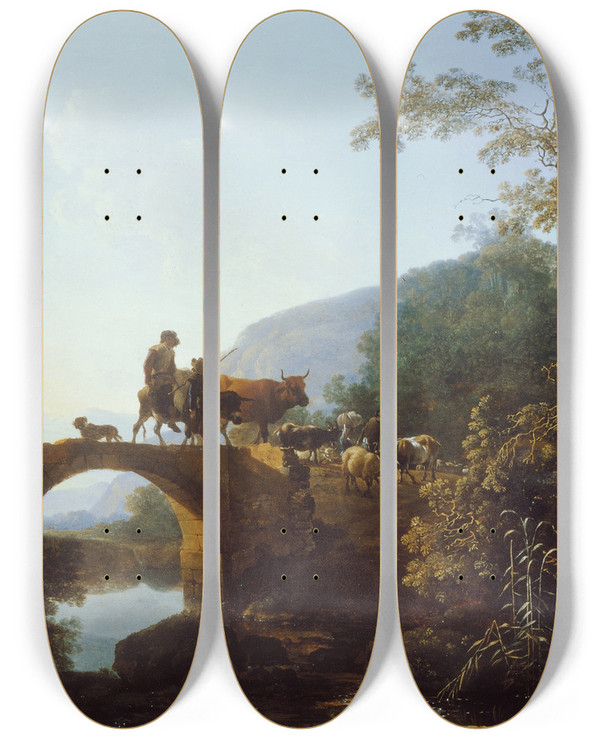 Triptych art skateboard deck of Adam Pynacker Bridge In An Italian Landscape by Adam Pynacker (1615-1673)