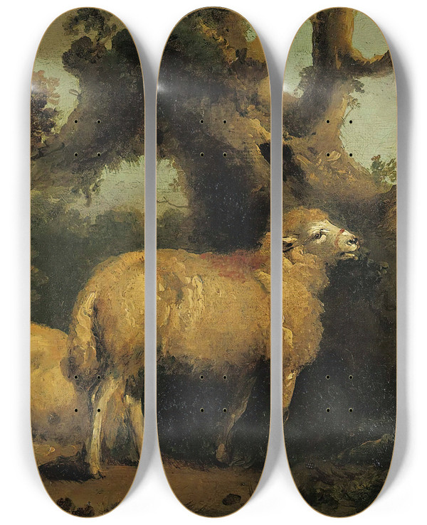 Triptych art skateboard deck of George Morland Two Sheep In A Landscape by George Morland (1763-1804)