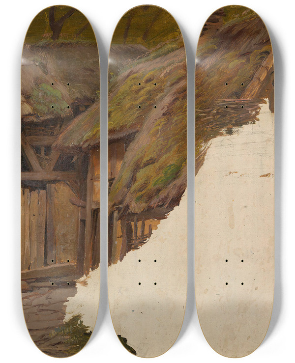 Triptych art skateboard deck of Adolph Tidemand Study Of An Old Farm by Adolph Tidemand (1814-1876)