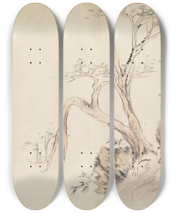 Triptych art skateboard deck of Hua Yan A Man Sits On A Water Buffalo by Hua Yan (1682-1765)