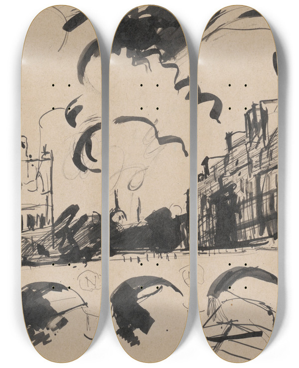 Triptych art skateboard deck of Cyprin Majernk Skicr_35 by Cyprian Majernik (1909-1945)