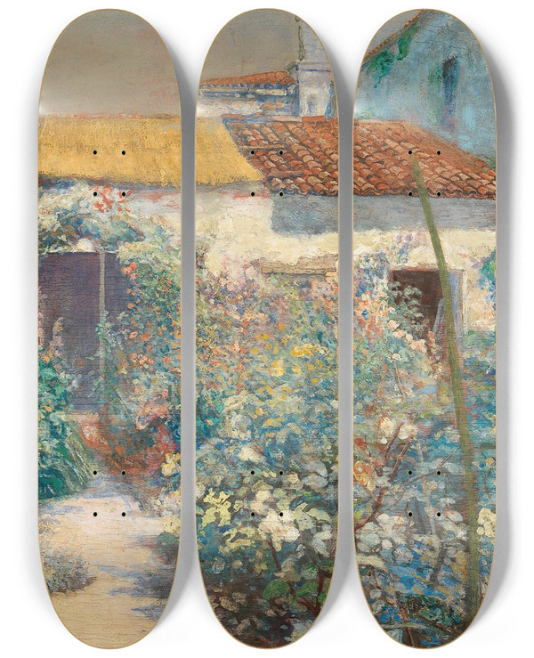 Triptych art skateboard deck of Hugo Charlemont A Blossoming Garden by Hugo Charlemont (1850-1939)