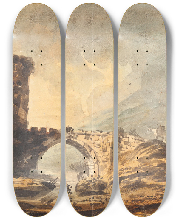 Triptych art skateboard deck of William Payne Landscape With A Castle And Bridge by William Payne (1760-1830)