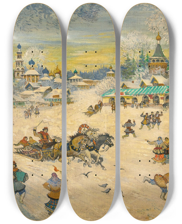 Triptych art skateboard deck of Konstantin Alexeevich Korovin Town Square by Konstantin Alexeevich Korovin (1861-1939)