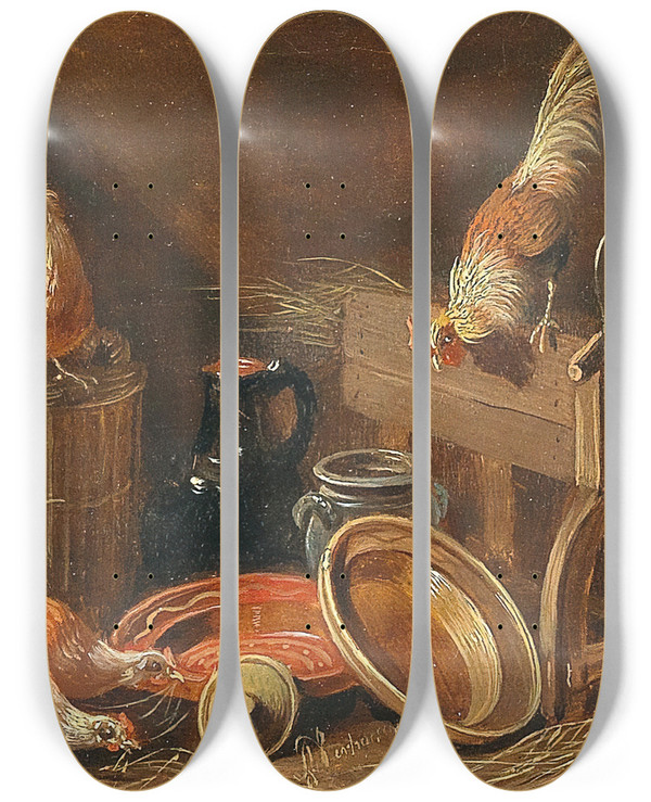 Triptych art skateboard deck of Albertus Verhoesen Hhnervolk Im Stall by Albertus Verhoesen (1806-1881)