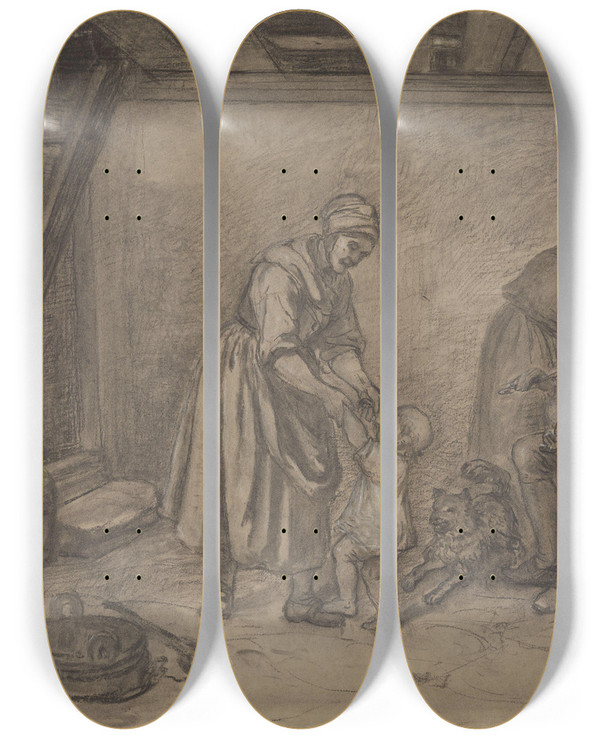 Triptych art skateboard deck of Adolph Tidemand Huslig Scene P Landet by Adolph Tidemand (1814-1876)