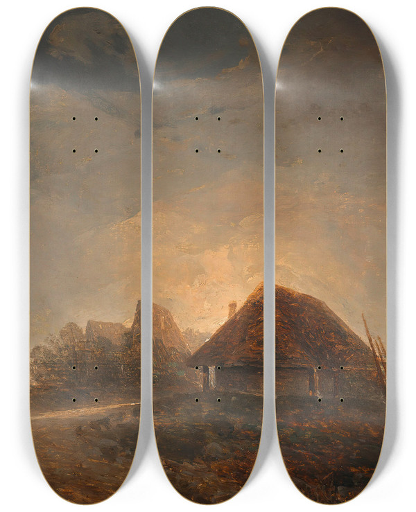 Triptych art skateboard deck of Adalbert Stifter Westungarische Landschaft Mit Htten Und Aufgehendem Mond by Adalbert Stifter (1805-1868)