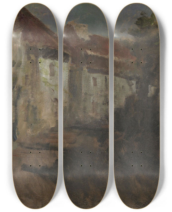 Triptych art skateboard deck of Frits Thaulow Moonlight In Dieppe by Frits Thaulow (1847-1906)