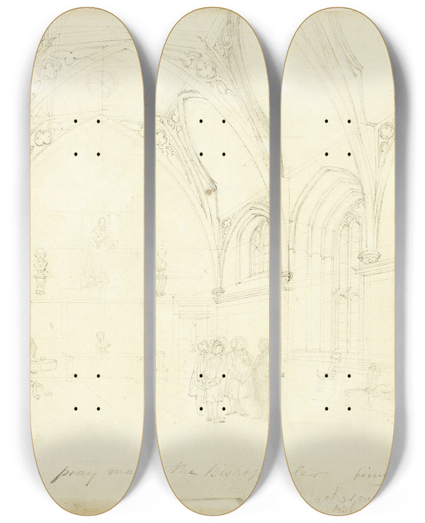 Triptych art skateboard deck of Augustus Charles Pugin Study For Lambeth Palace From Microcosm Of London by Augustus Charles Pugin (1762-1832)