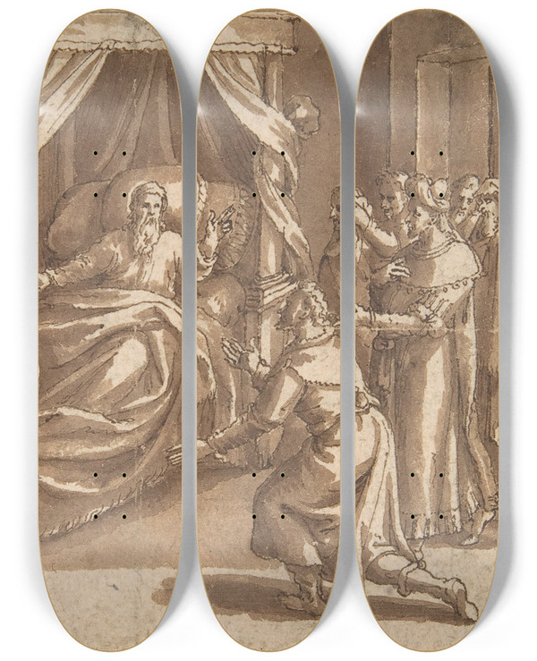 Triptych art skateboard deck of Adam Van Noort Jacob Blessing His Sons by Adam Van Noort (1561-1641)