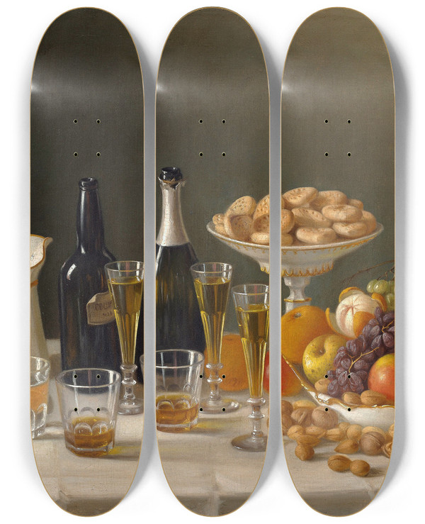 Triptych art skateboard deck of John F Francis Wine Cheese And Fruit by John F Francis (1808-1886)