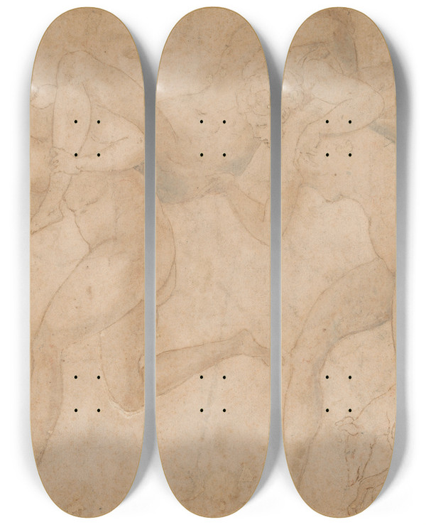 Triptych art skateboard deck of Francesco Primaticcio Two Nymphs Carrying A Third by Francesco Primaticcio (1504-1570)