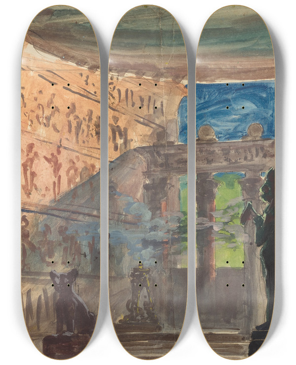 Triptych art skateboard deck of Robert Caney Interior Of An Ancient Egyptian Temple by Robert Caney (1847-1911)