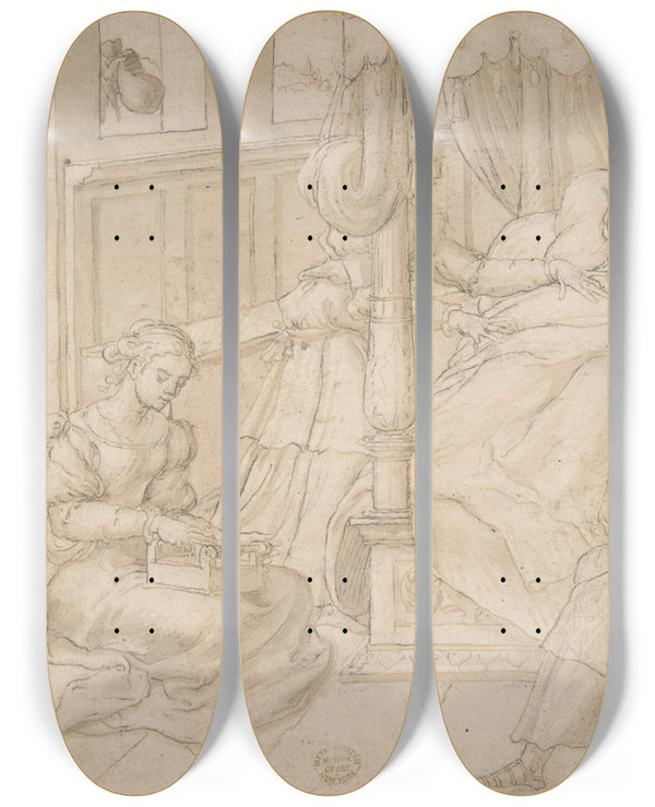 Triptych art skateboard deck of Circle Of Jan Swart Van Groningen St Nicholas And The Three Daughters Of The Poor Gentleman by Circle Of Jan Swart Van Groningen (1500-1553)