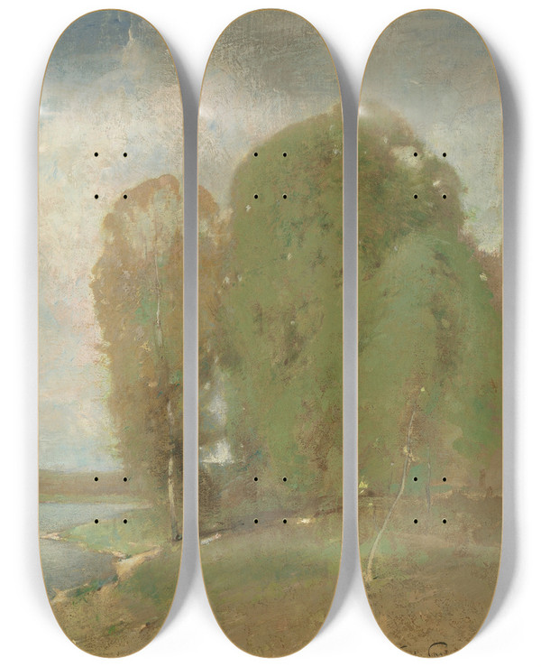 Triptych art skateboard deck of Emil Carlsen Meadow Brook by Emil Carlsen (1848-1932)