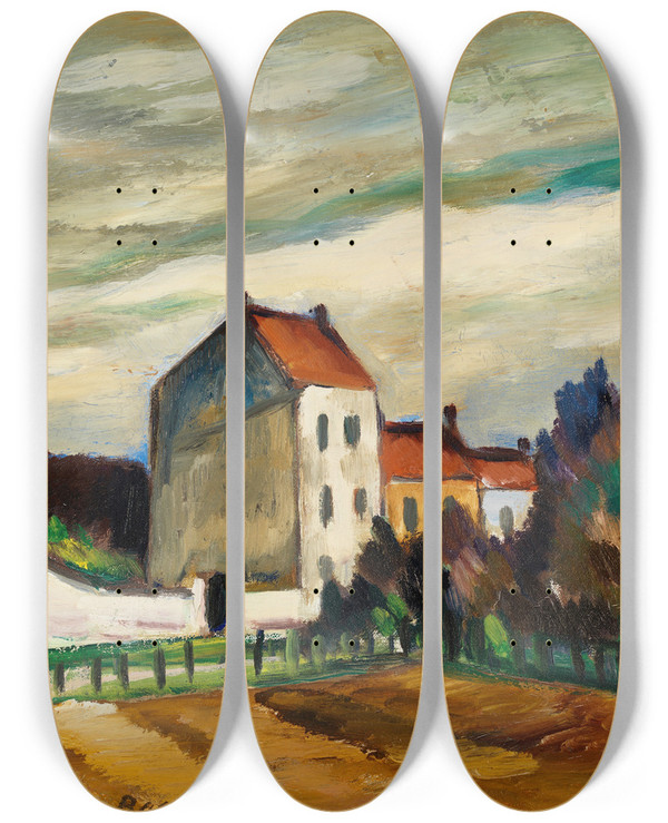 Triptych art skateboard deck of Anton Lindforss Town View Bogneux by Anton Lindforss (1890-1943)