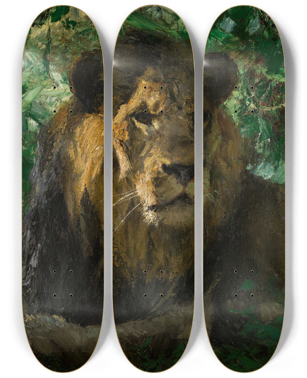 Triptych art skateboard deck of Wilhelm Kuhnert Resting Lion by Wilhelm Kuhnert (1865-1926)