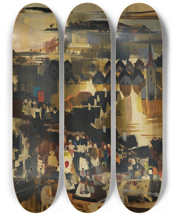 Triptych art skateboard deck of Vilmos Abanovk Flood by Vilmos Aba Novak (1894-1942)