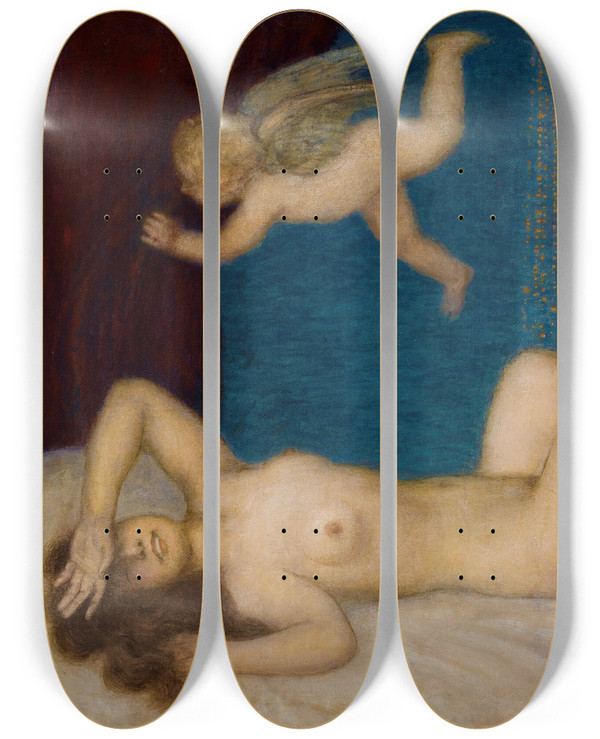 Triptych art skateboard deck of Franz Von Stuck Danae And The Golden Shower by Franz Von Stuck (1863-1928)