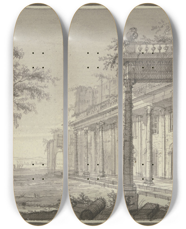 Triptych art skateboard deck of Christian Stcklin Palastruine Links Ein Obelisk by Christian Stocklin (1741-1795)