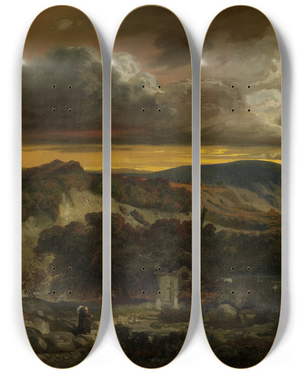 Triptych art skateboard deck of Anselm Feuerbach Abendliche Landschaft Mit Heimkehrenden Einsiedler by Anselm Feuerbach (1829-1880)