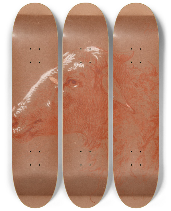 Triptych art skateboard deck of Jacquesraymond Brascassat Tude De Tte De Mouton by Jacques Raymond Brascassat (1804-1867)