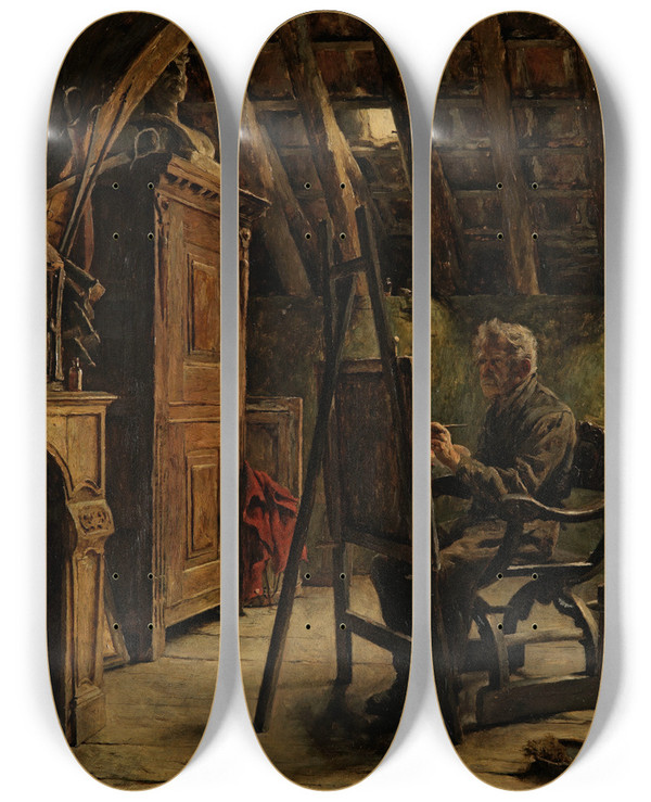 Triptych art skateboard deck of Charles Mertens Workshop Of A Painter by Charles Mertens (1865-1919)