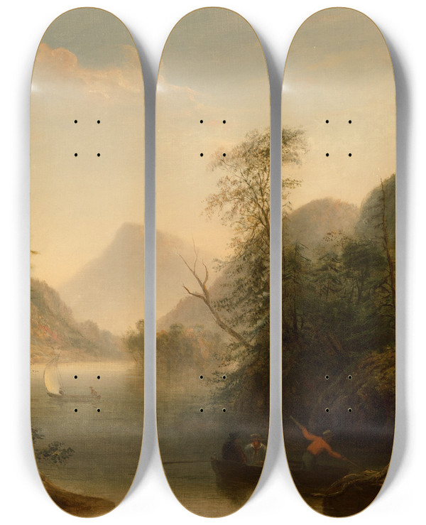Triptych art skateboard deck of William Macleod River Landscape With Three Men In A Punt by William Macleod (1811-1892)