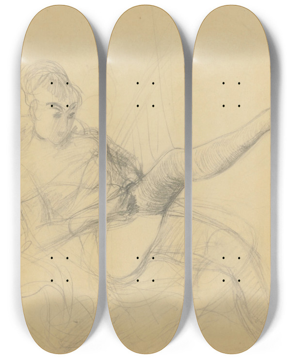 Triptych art skateboard deck of Giovanni Boldini Seated Woman Putting On Her Stocking by Giovanni Boldini (1842-1931)